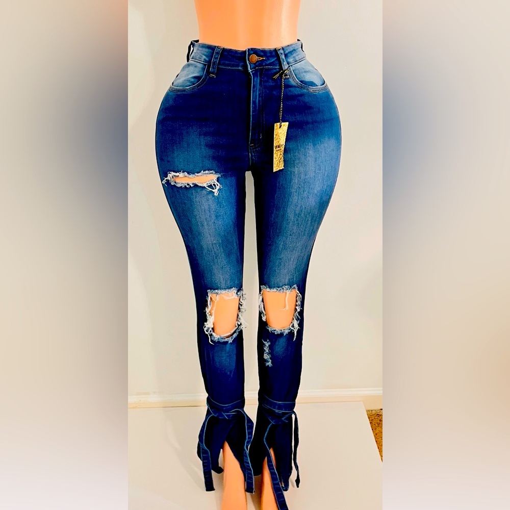 All Tied Up Distressed Jeans- Medium Wash